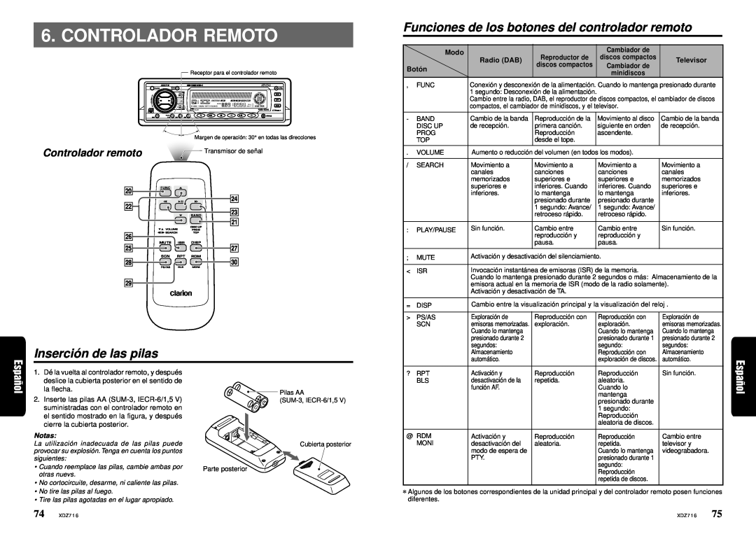 Clarion XDZ716 Controlador Remoto, Inserció n de las pilas, Funciones de los botones del controlador remoto, Notas 