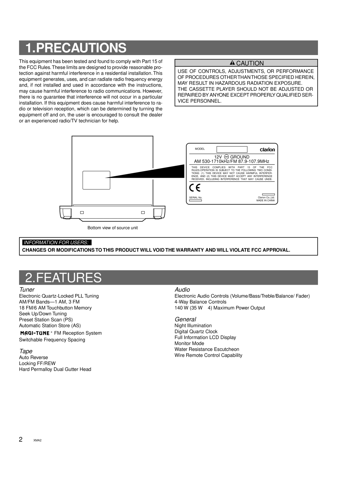 Clarion XMA2 owner manual Precautions, Features, Tuner Audio, General, Tape 