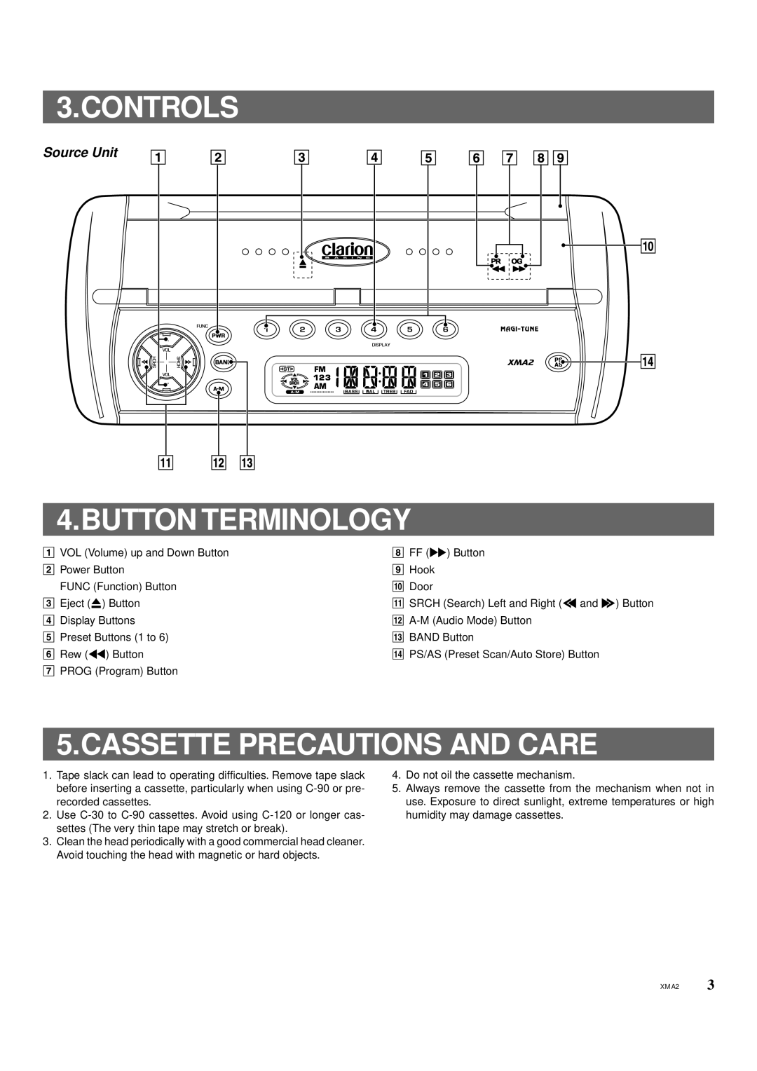 Clarion XMA2 owner manual Controls, Button Terminology, Cassette Precautions and Care, Source Unit 