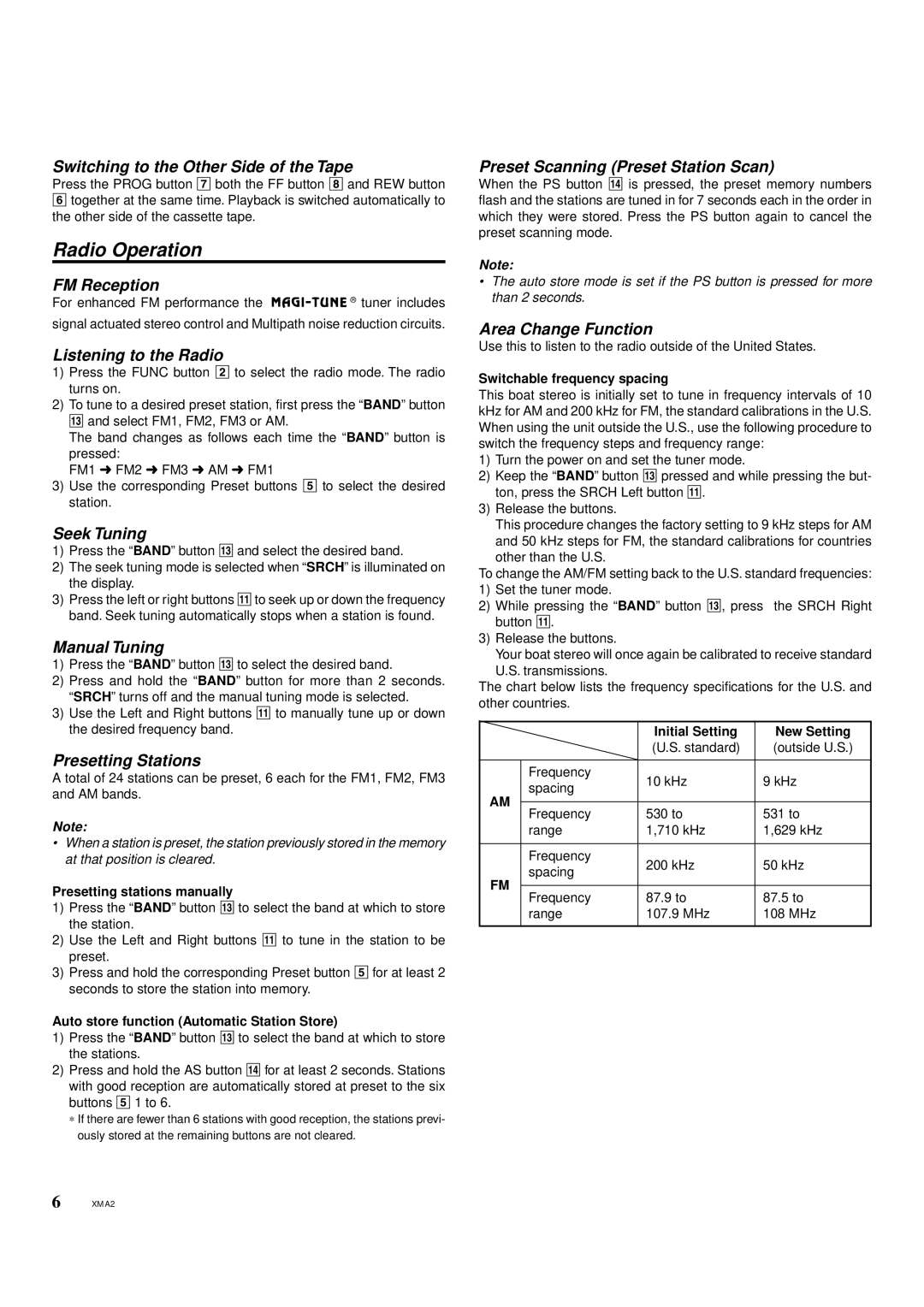 Clarion XMA2 Switching to the Other Side of the Tape, FM Reception, Listening to the Radio, Seek Tuning, Manual Tuning 