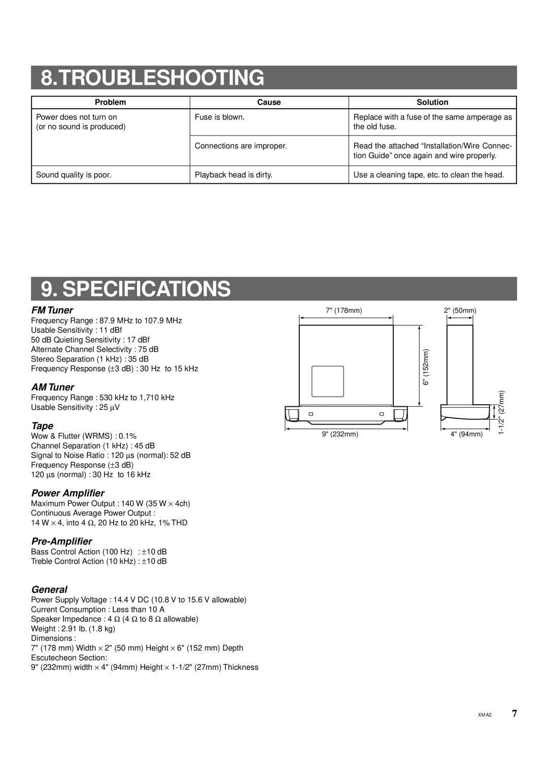 Clarion XMA2 owner manual Troubleshooting, Specifications 