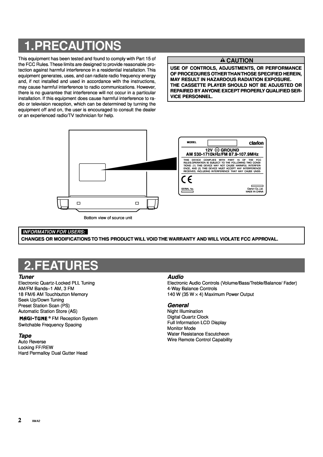 Clarion XMA2 owner manual Precautions, Features, Tuner, Audio, General, Tape, Information For Users 