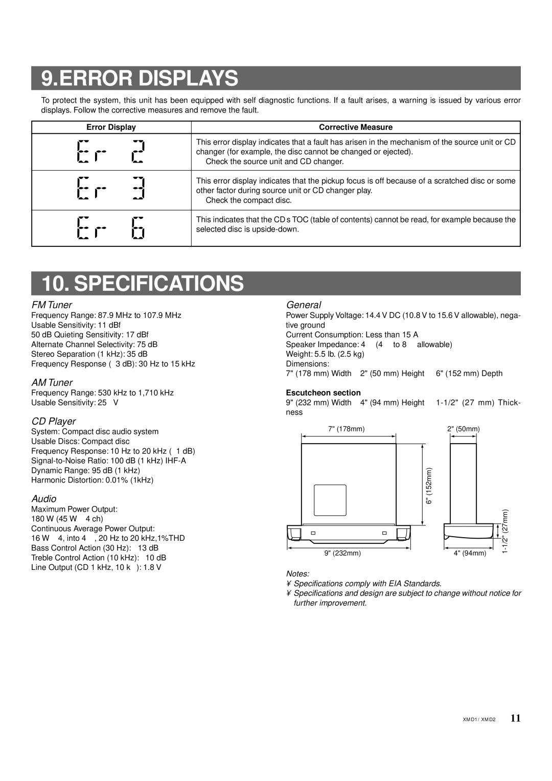 Clarion XMD2, XMD1 owner manual Error Displays, Specifications 