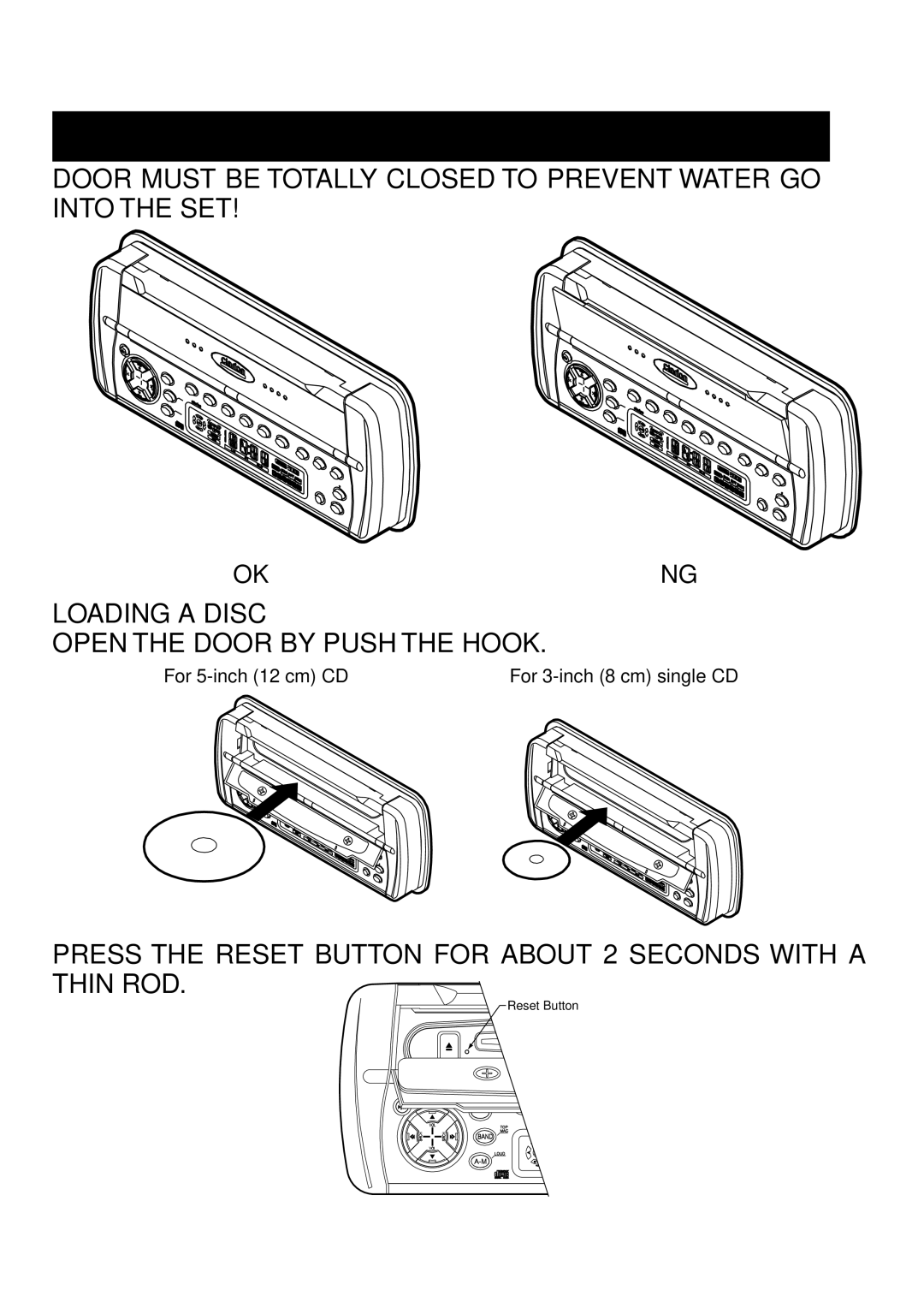 Clarion XMD1, XMD2 owner manual Press the Reset Button for about 2 Seconds with a Thin ROD 