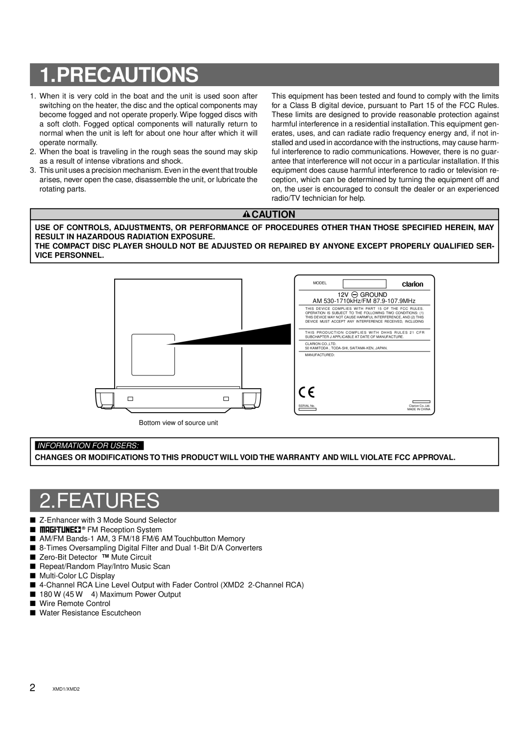 Clarion XMD1, XMD2 owner manual Precautions, Features 