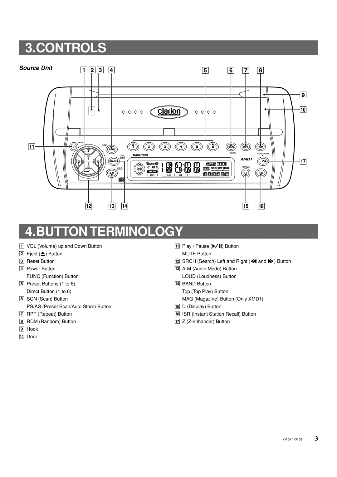 Clarion XMD2, XMD1 owner manual Controls, Button Terminology, Source Unit 