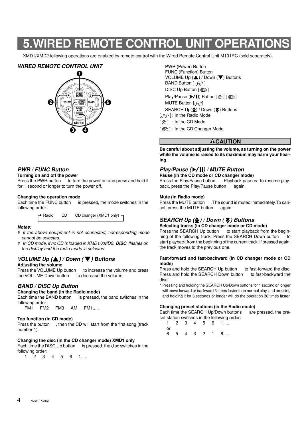 Clarion XMD1, XMD2 owner manual Wired Remote Control Unit Operations 