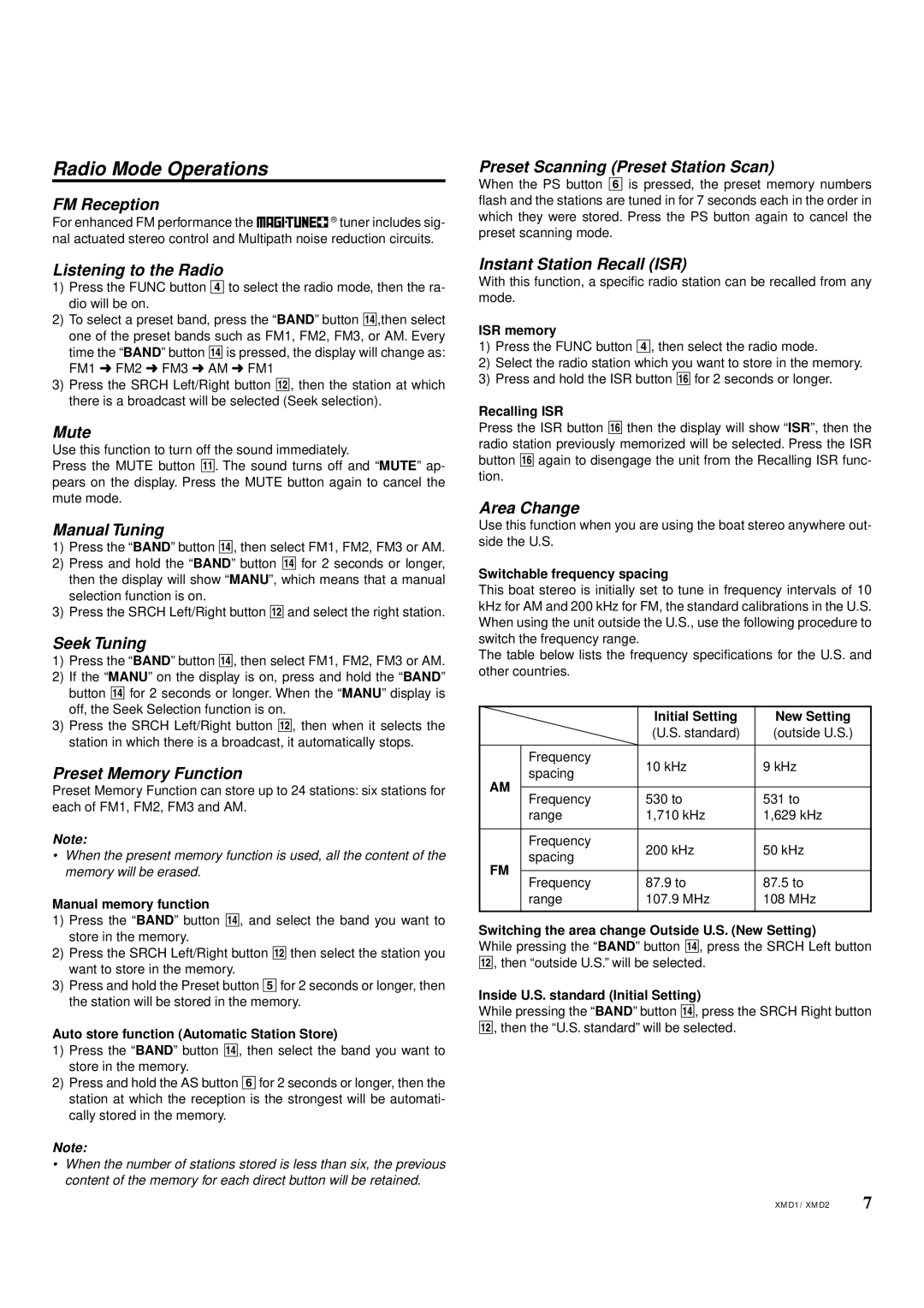 Clarion XMD2 FM Reception, Listening to the Radio, Mute, Manual Tuning, Seek Tuning, Preset Memory Function, Area Change 