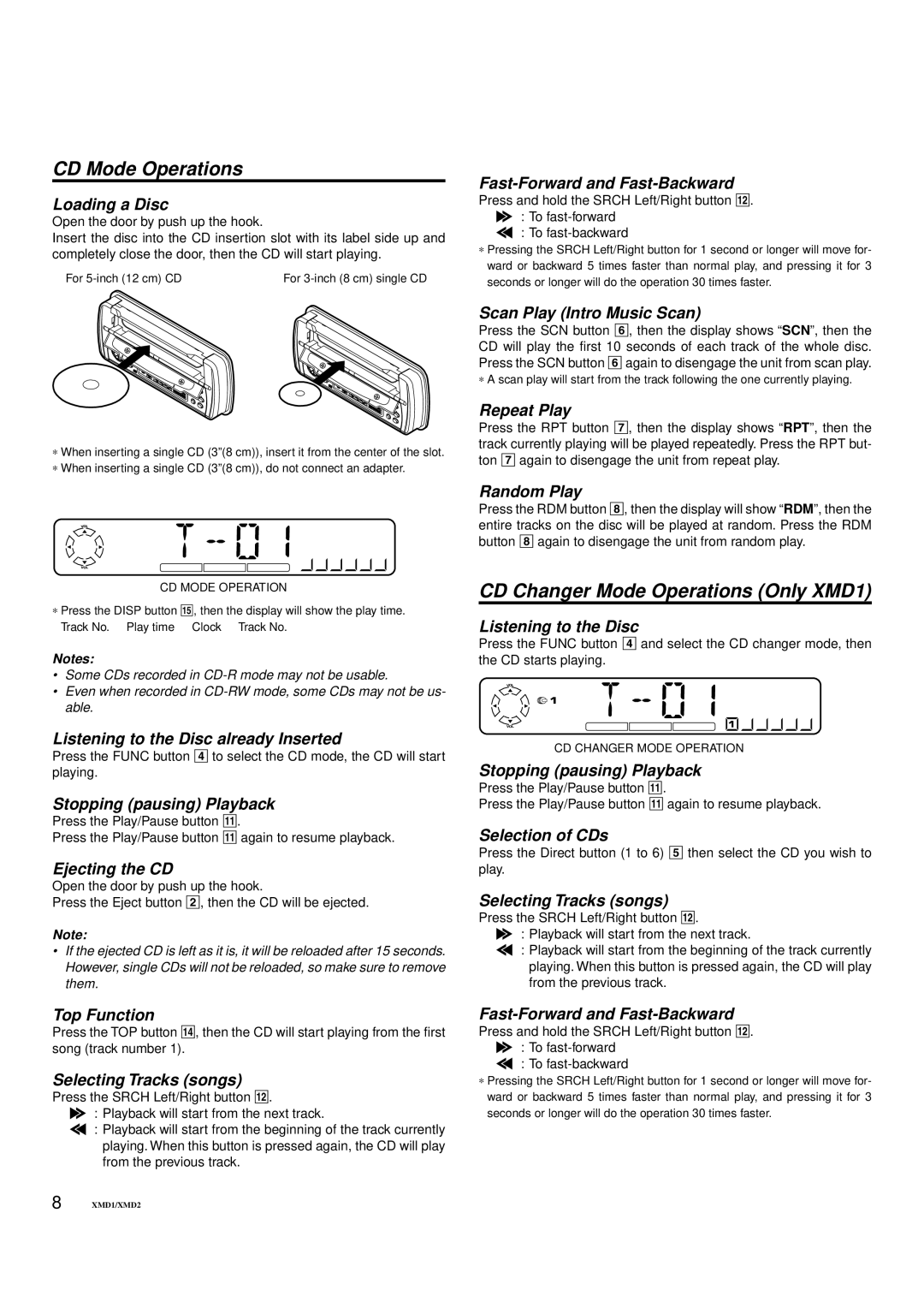 Clarion XMD1, XMD2 Loading a Disc, Listening to the Disc already Inserted, Stopping pausing Playback, Ejecting the CD 