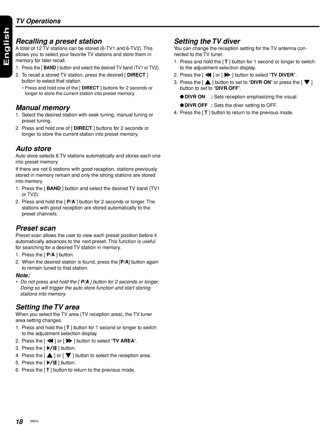 Clarion XMD3 owner manual Setting the TV area, Setting the TV diver 