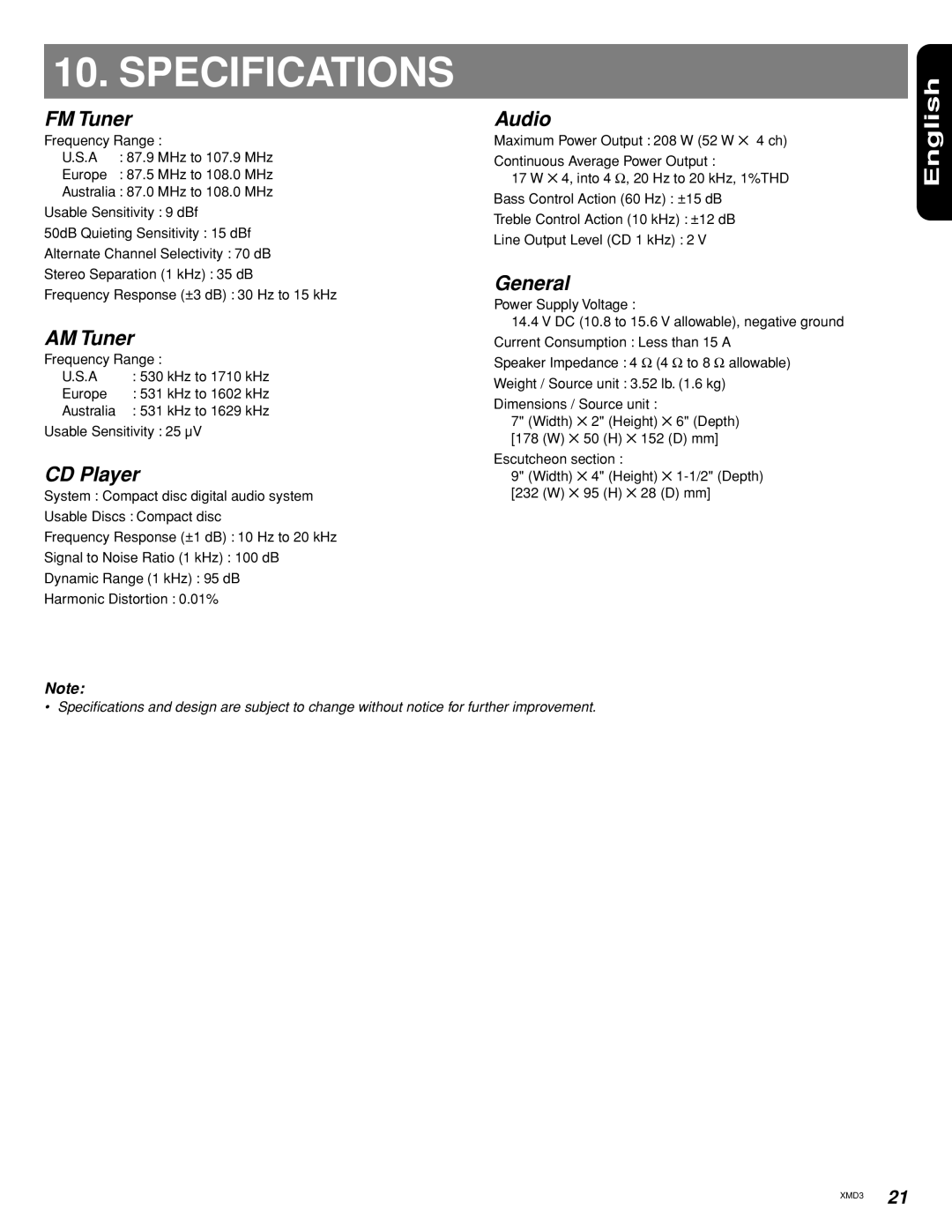 Clarion XMD3 owner manual Specifications 