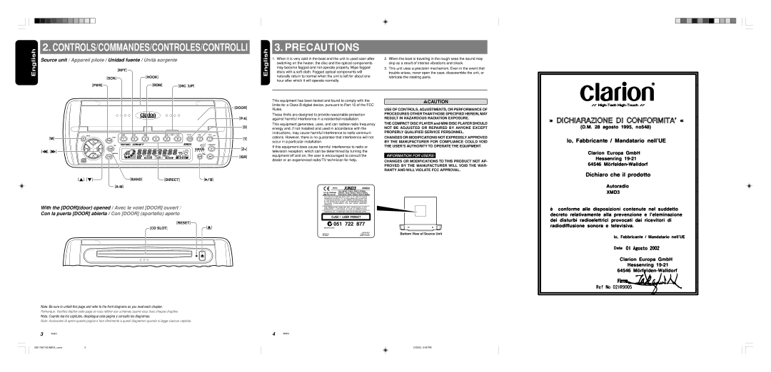 Clarion XMD3 owner manual Precautions, RPT SCN Hook PWR RDM, Direct, Reset CD Slot 