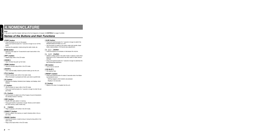 Clarion XMD3 owner manual Nomenclature, Names of the Buttons and their Functions 