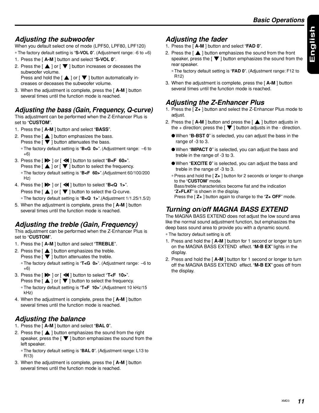 Clarion XMD3 owner manual Adjusting the subwoofer, Adjusting the fader, Adjusting the bass Gain, Frequency, Q-curve 