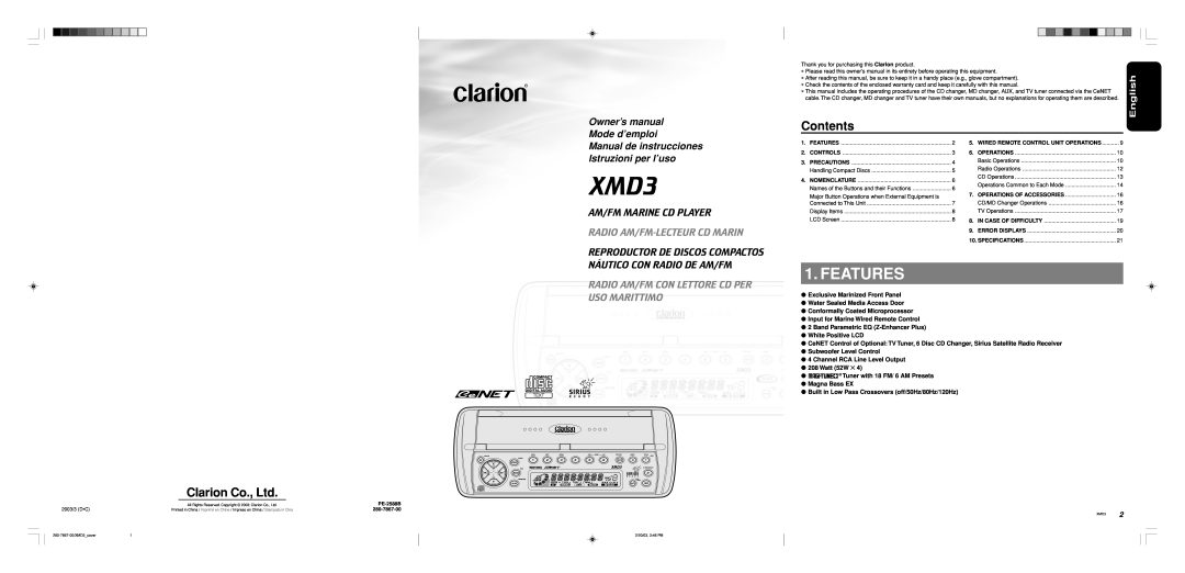 Clarion XMD3 owner manual Features, Manual de instrucciones Istruzioni per l’uso, Contents, Am/Fm Marine Cd Player 