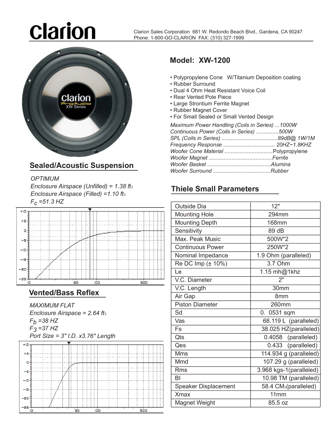 Clarion manual Model XW-1200 Sealed/Acoustic Suspension, Vented/Bass Reflex, Thiele Small Parameters 