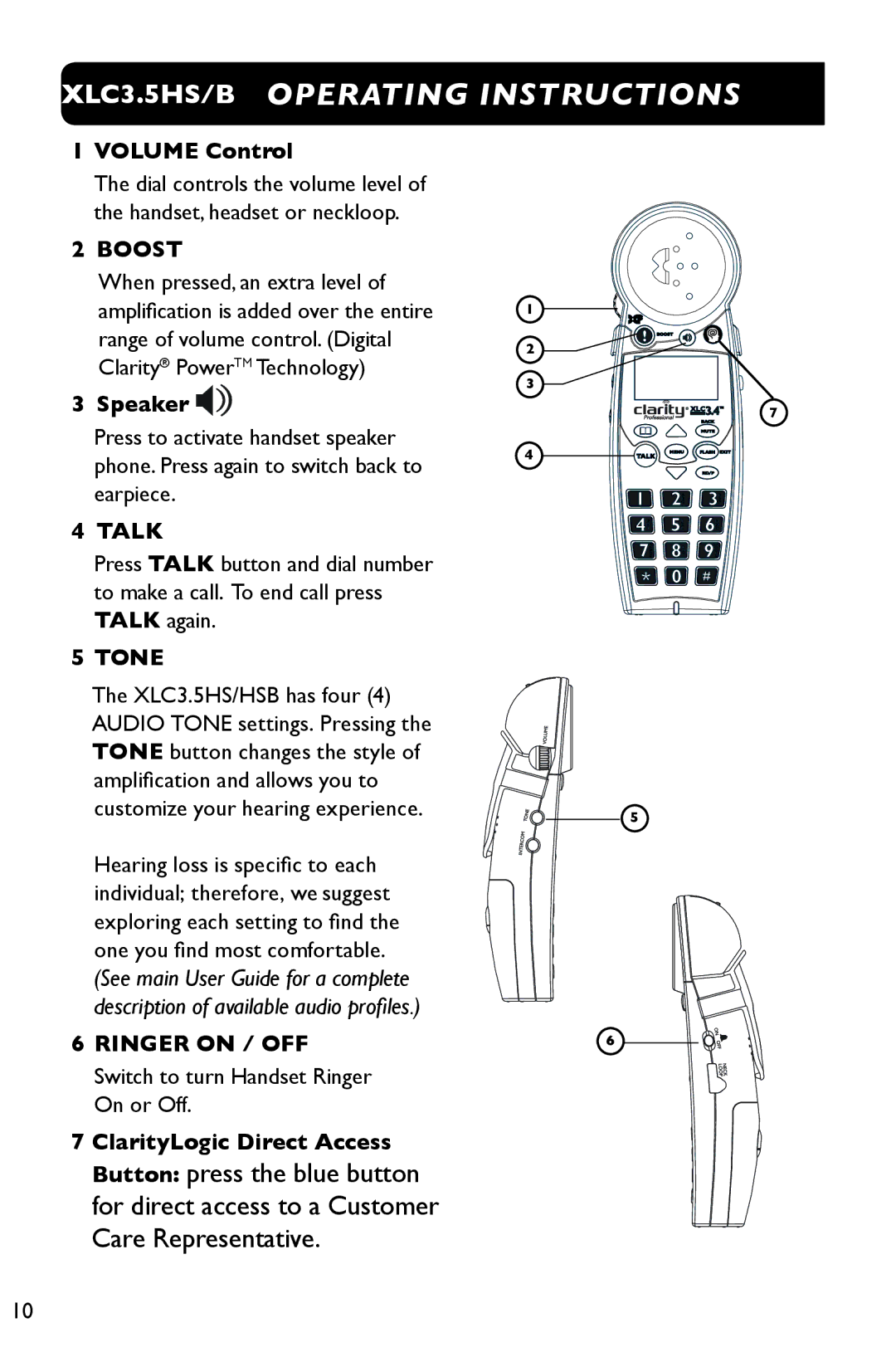 Clarity 3.5HSB manual Boost, Talk, Tone, Ringer on / OFF 