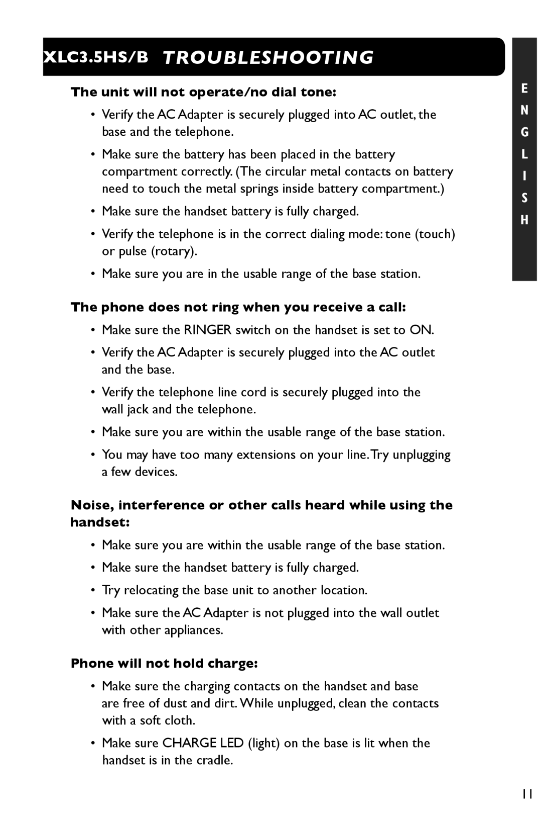 Clarity 3.5HSB XLC3.5HS/B Troubleshooting, Unit will not operate/no dial tone, Phone does not ring when you receive a call 