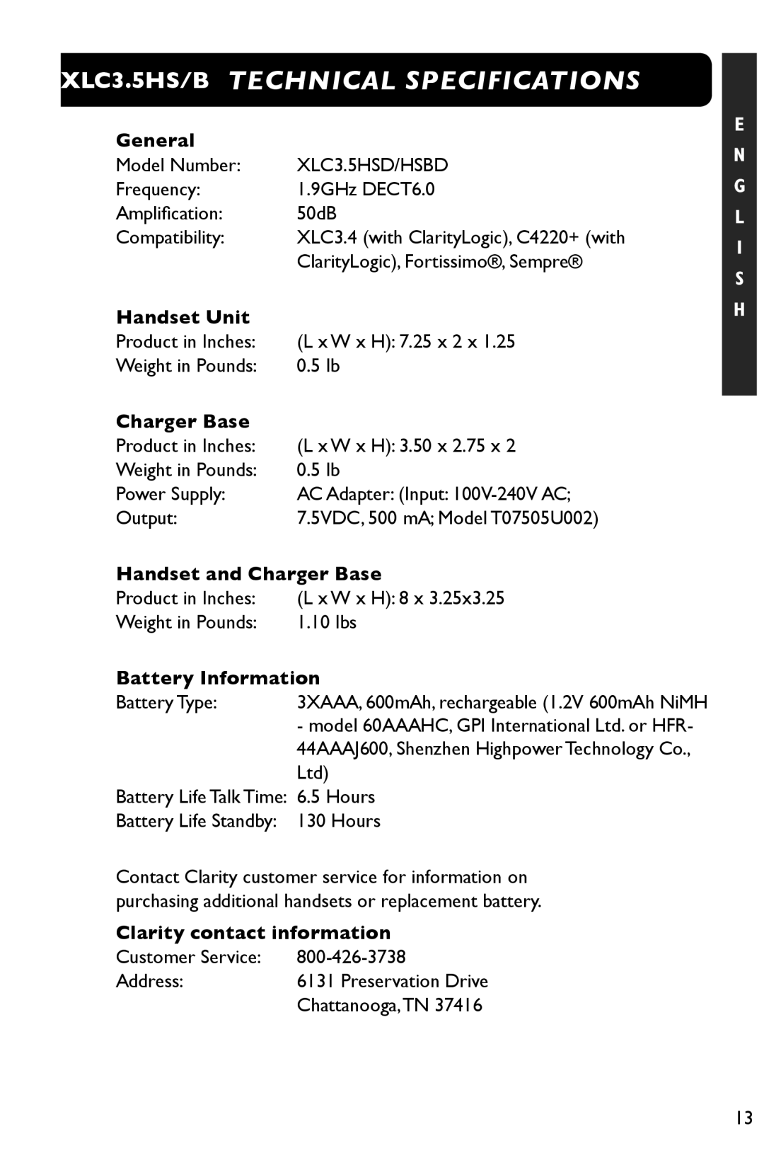 Clarity 3.5HSB manual XLC3.5HS/B Technical Specifications 