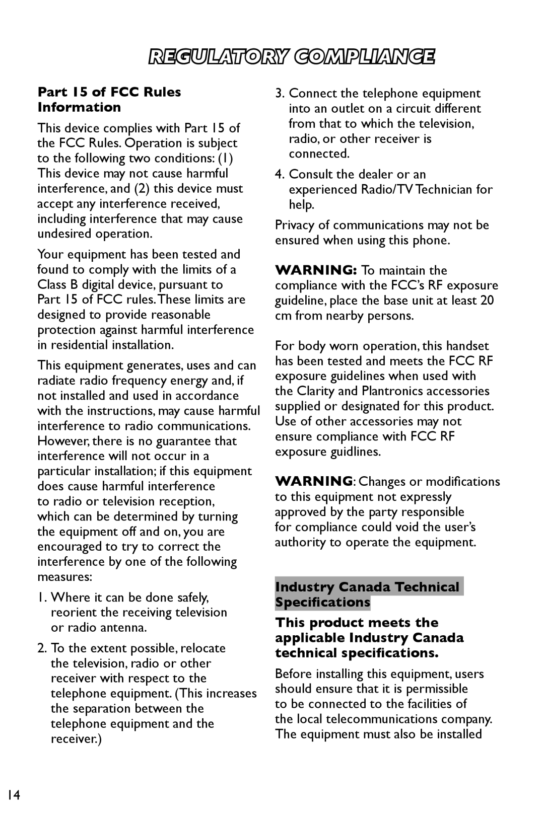 Clarity 3.5HSB manual XLC3.5HS/B Regulatory Compliance, Part 15 of FCC Rules Information 