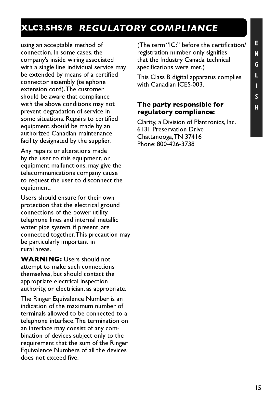 Clarity 3.5HSB manual Party responsible for regulatory compliance 