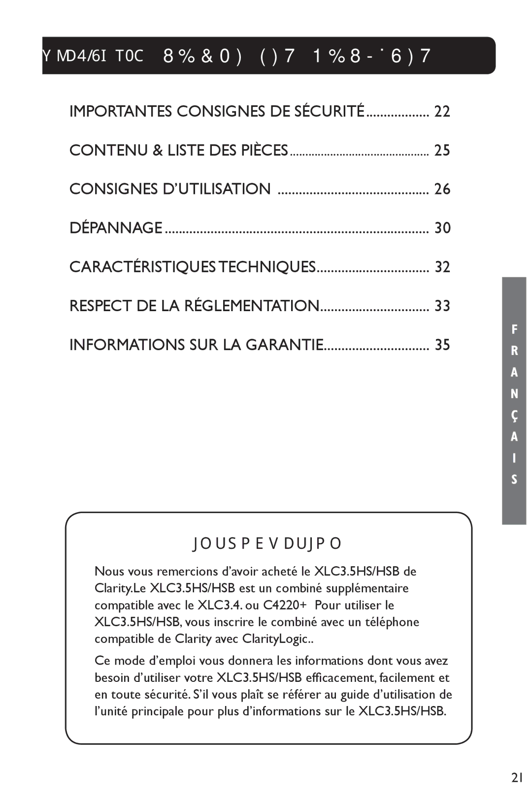 Clarity 3.5HSB manual XLC3.5HS/B Table DES Matières 