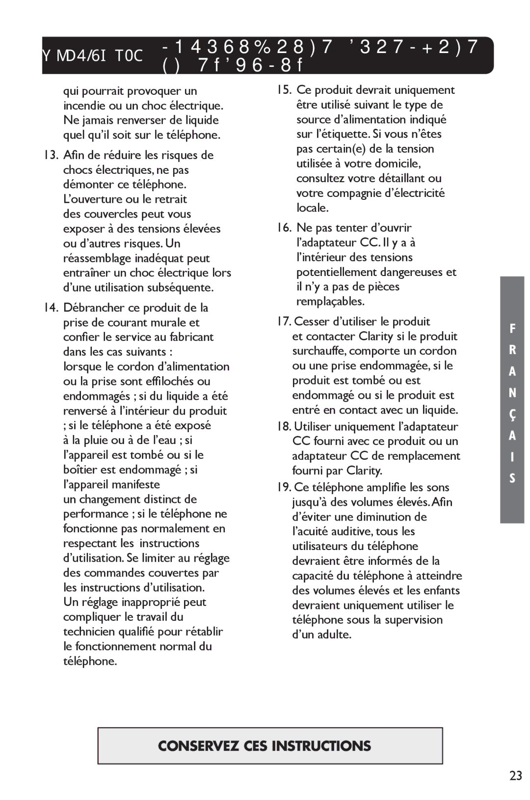 Clarity 3.5HSB manual XLC3.5HS/B Importantes Consignes DE Sécurité 