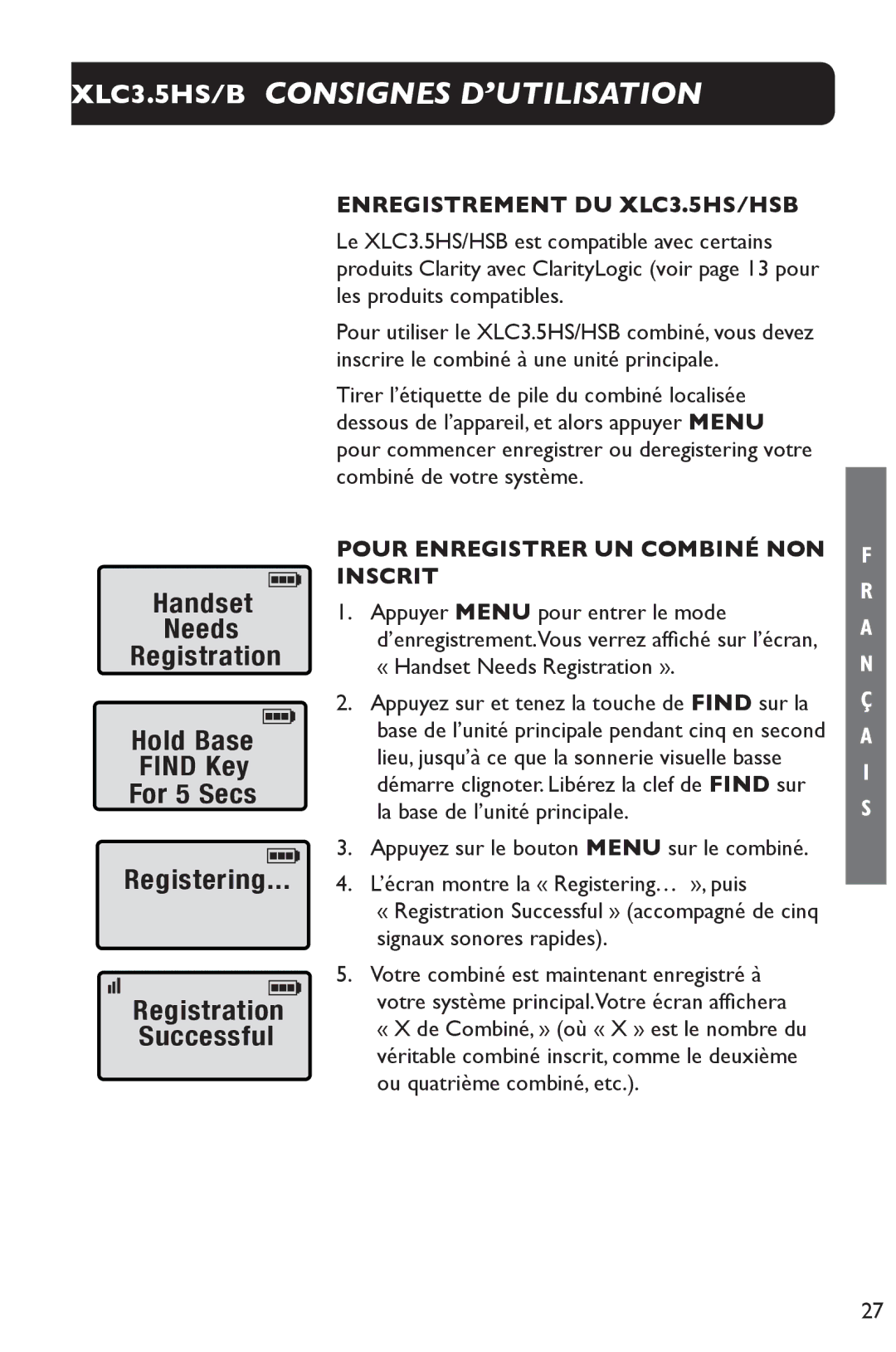 Clarity 3.5HSB manual Enregistrement DU XLC3.5HS/HSB, Pour Enregistrer UN Combiné NON Inscrit 