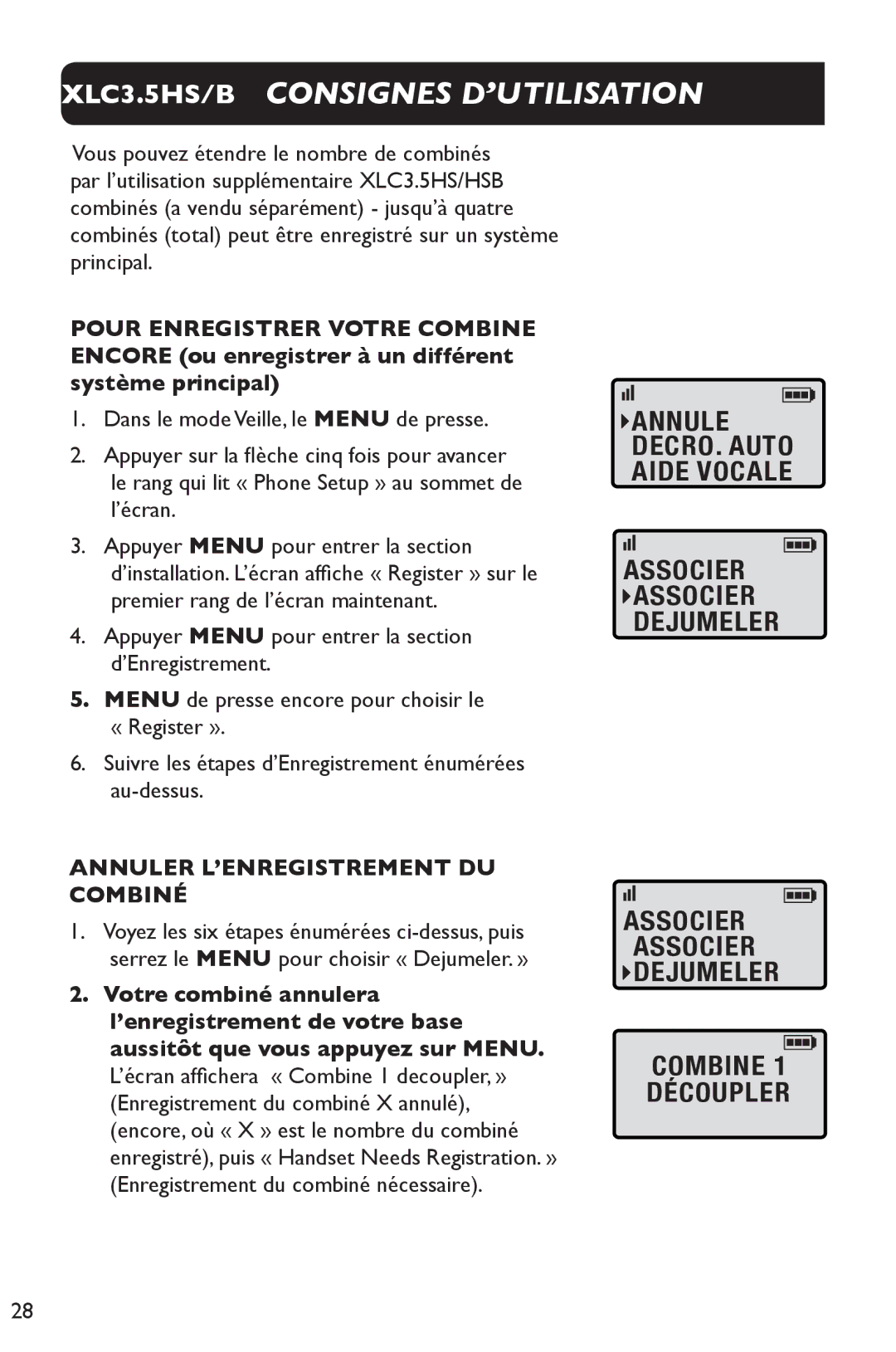 Clarity 3.5HSB manual Annuler L’ENREGISTREMENT DU Combiné 