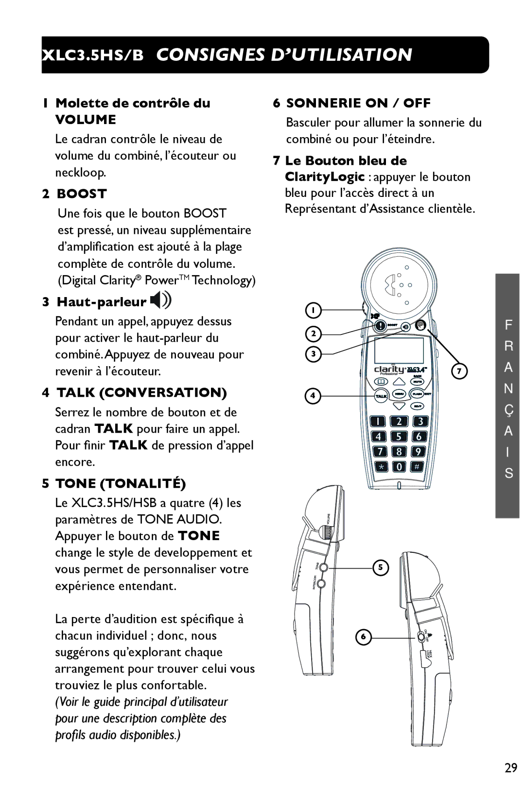 Clarity 3.5HSB manual Volume, Talk Conversation, Tone Tonalité, Sonnerie on / OFF 