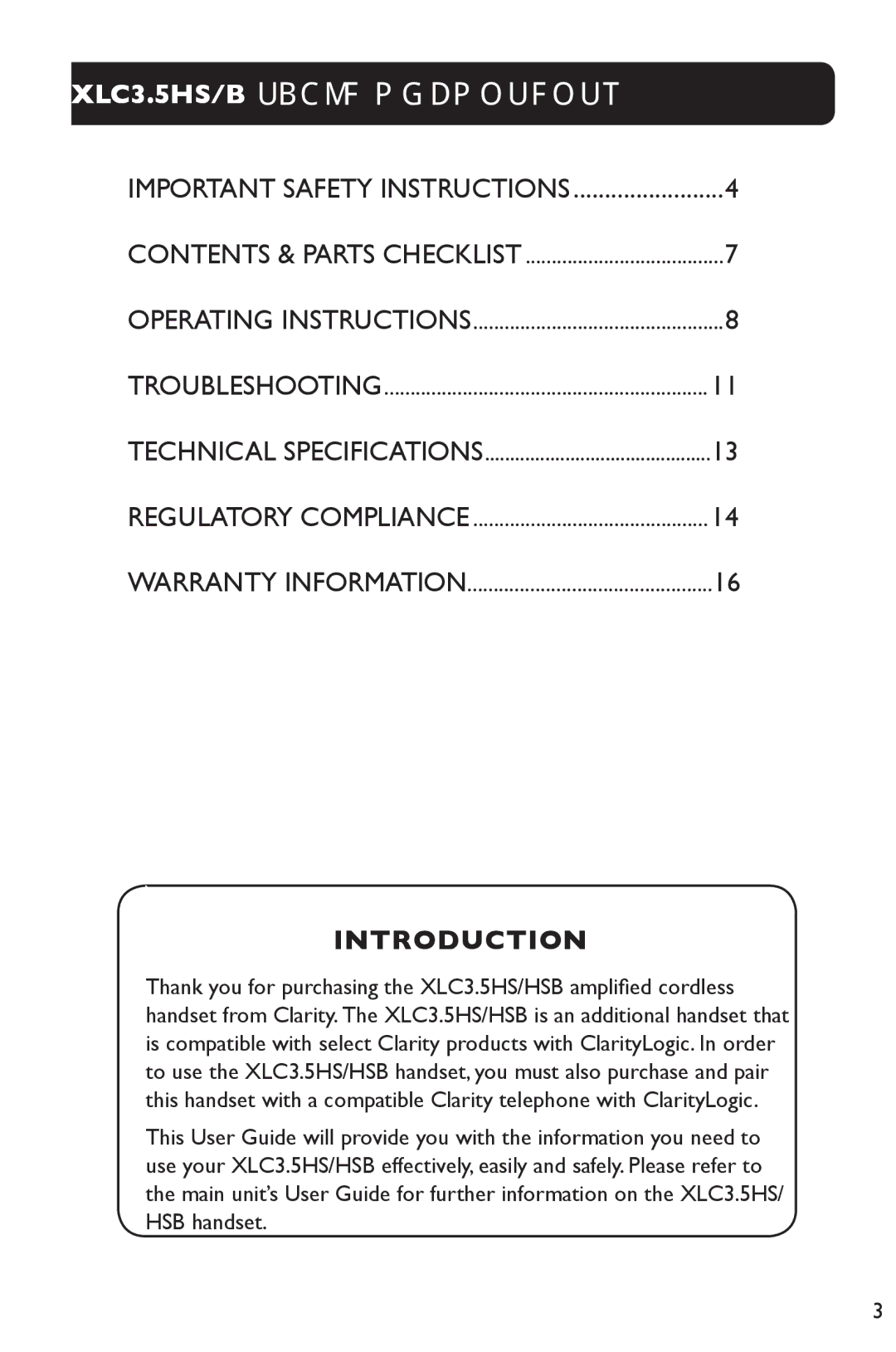 Clarity 3.5HSB manual XLC3.5HS/B Table of Contents 