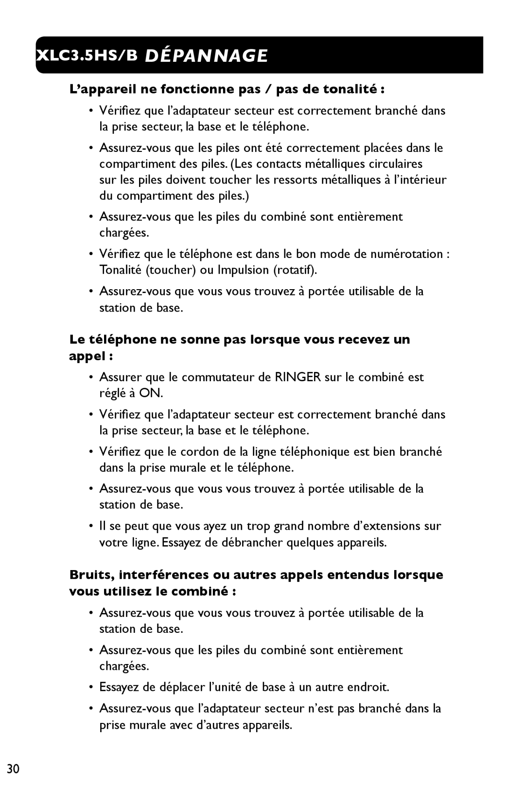 Clarity 3.5HS manual ’appareil ne fonctionne pas / pas de tonalité, Le téléphone ne sonne pas lorsque vous recevez un appel 