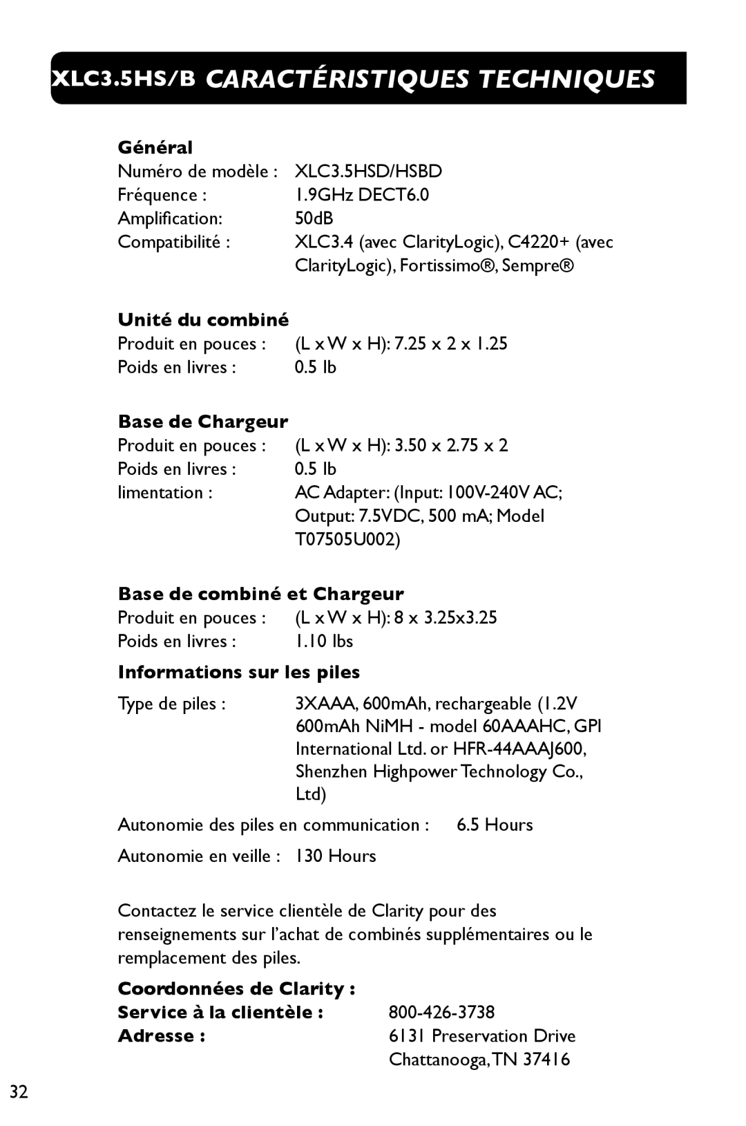 Clarity 3.5HSB manual XLC3.5HS/B Caractéristiques Techniques 