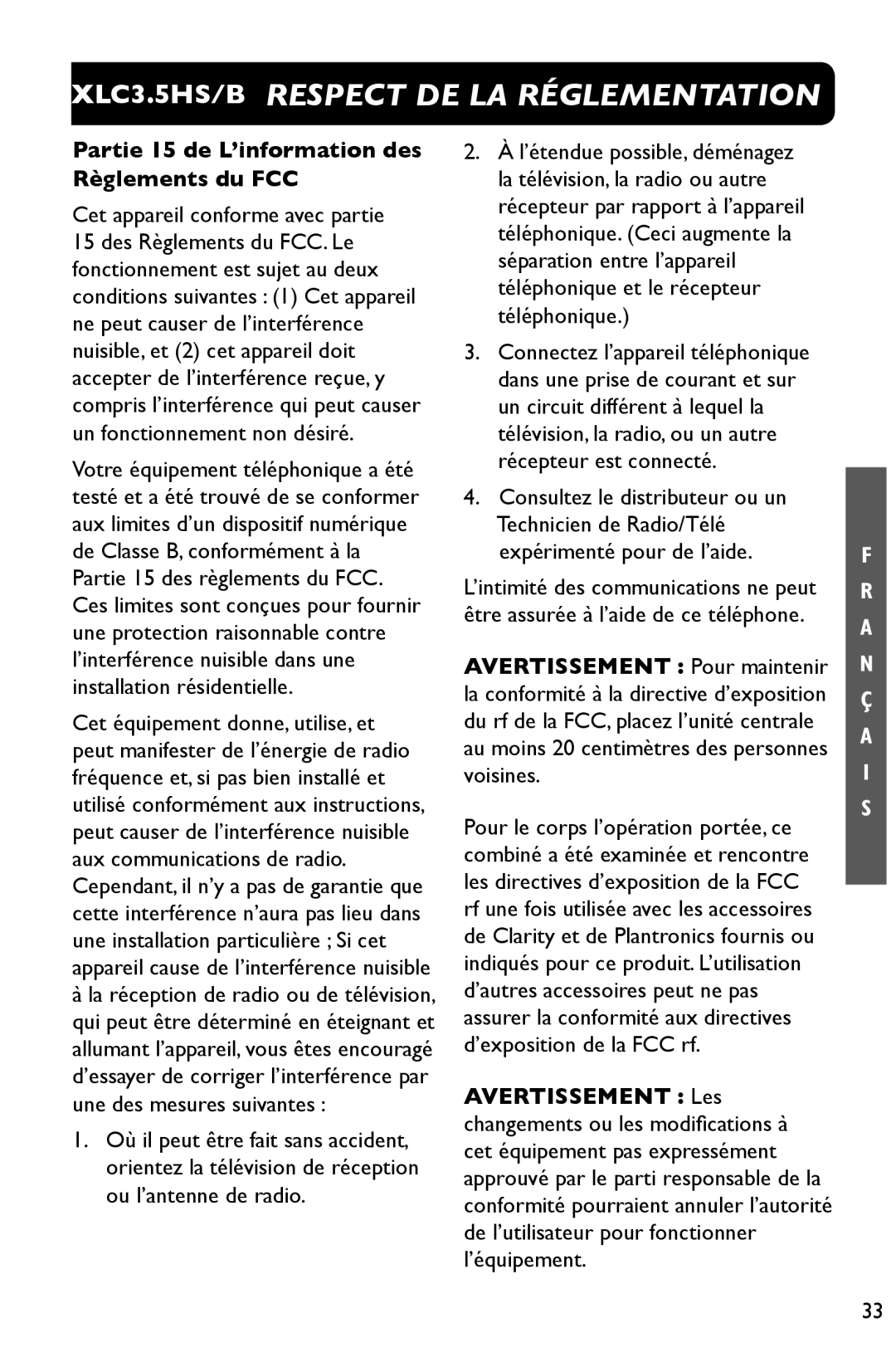 Clarity 3.5HSB manual XLC3.5HS/B Respect DE LA Réglementation, Partie 15 de L’information des Règlements du FCC 