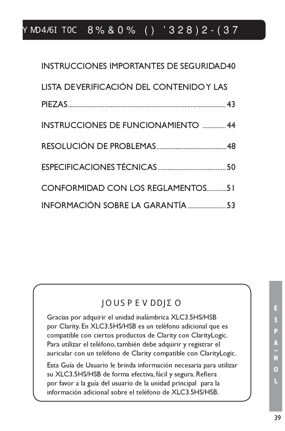 Clarity 3.5HSB manual XLC3.5HS/B Tabla DE Contenidos, Instrucciones Importantes DE SEGURIDAD.40 