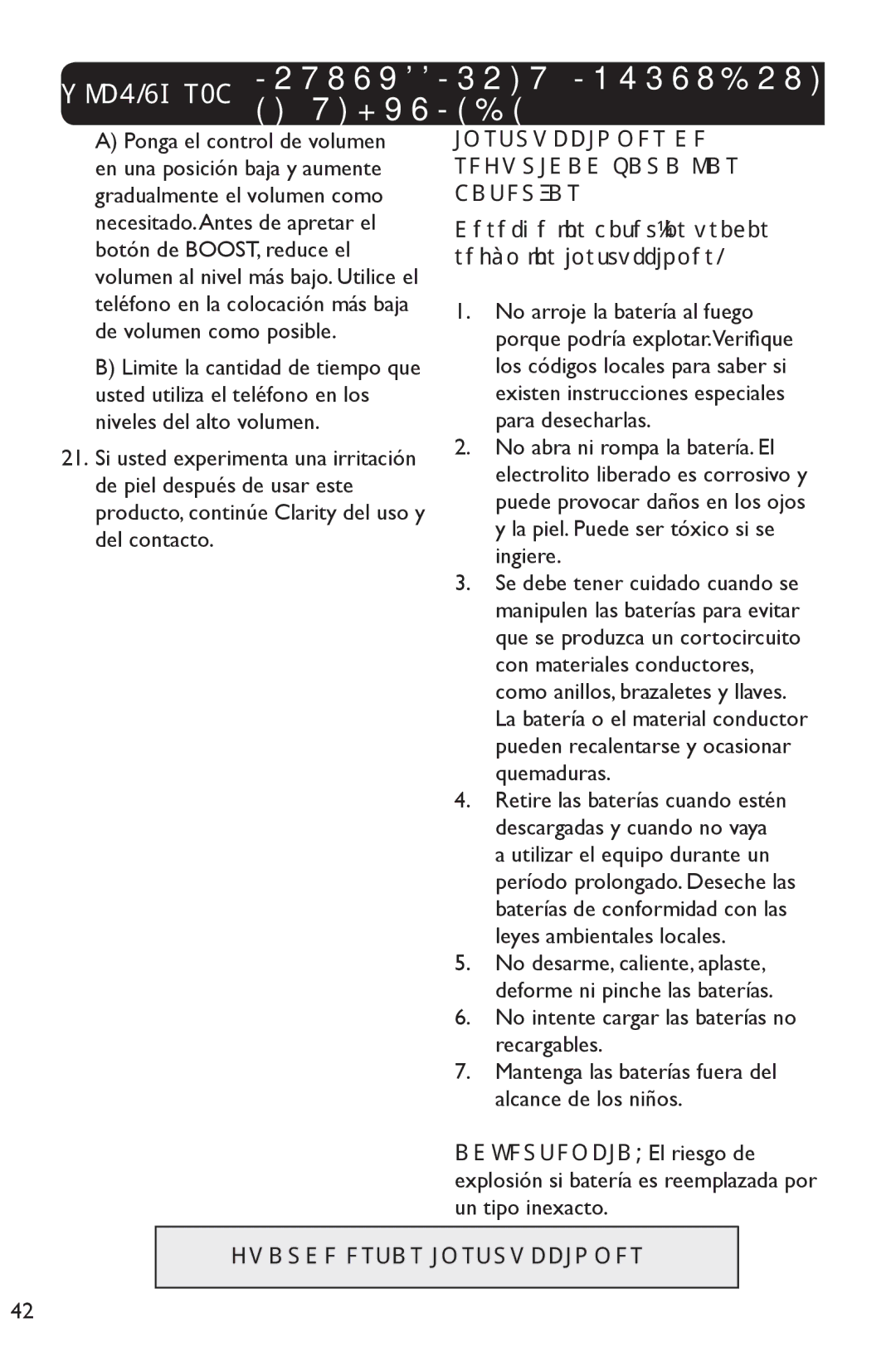 Clarity 3.5HSB manual Instrucciones DE Seguridad Para LAS Baterías, Deseche las baterías usadas según las instrucciones 