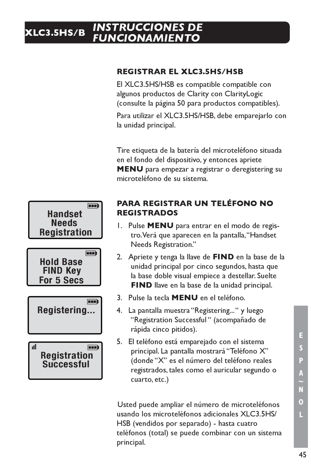 Clarity 3.5HSB manual Registrar EL XLC3.5HS/HSB, Para Registrar UN Teléfono no Registrados 