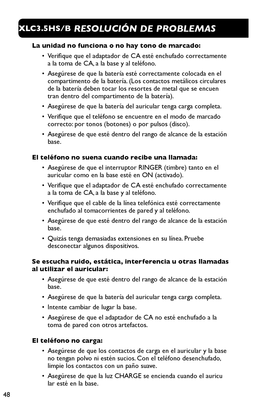 Clarity manual XLC3.5HS/B Resolución DE Problemas, La unidad no funciona o no hay tono de marcado, El teléfono no carga 