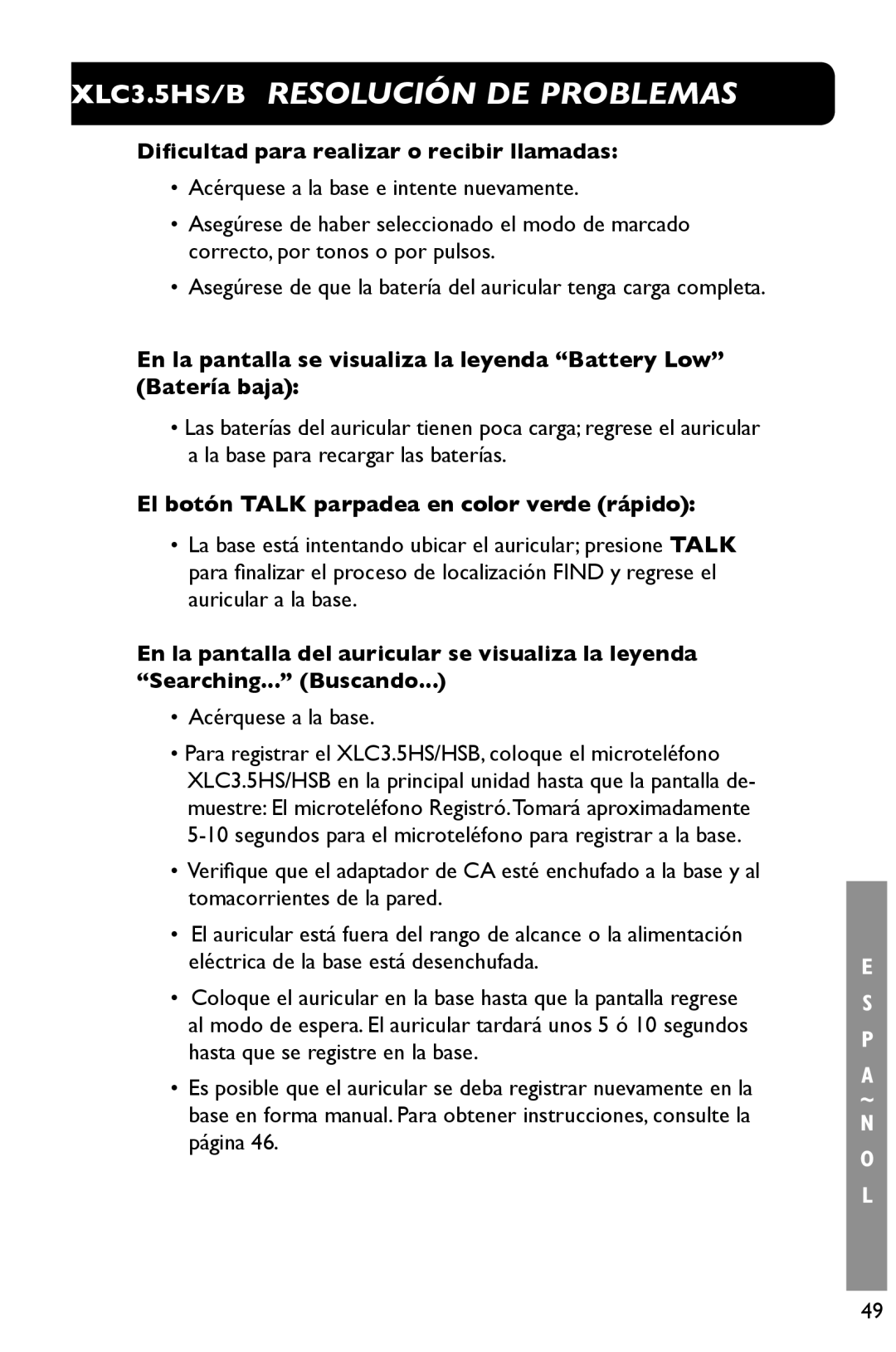 Clarity 3.5HSB manual Dificultad para realizar o recibir llamadas, El botón Talk parpadea en color verde rápido 