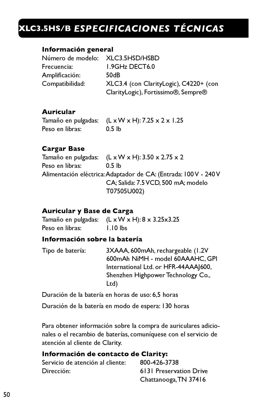 Clarity 3.5HSB manual XLC3.5HS/B Especificaciones Técnicas 