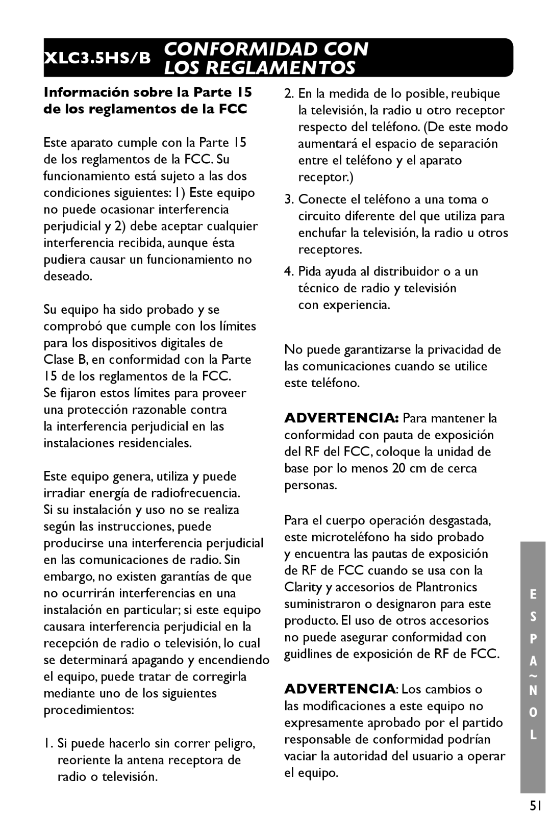 Clarity 3.5HSB XLC3.5HS/B Conformidad CON LOS Reglamentos, Información sobre la Parte 15 de los reglamentos de la FCC 