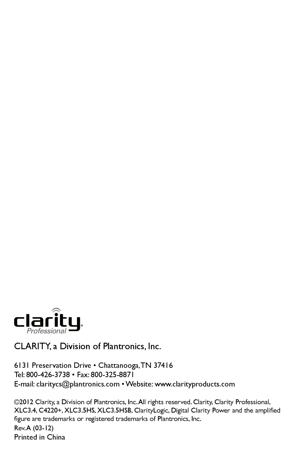 Clarity 3.5HSB manual CLARITY, a Division of Plantronics, Inc 