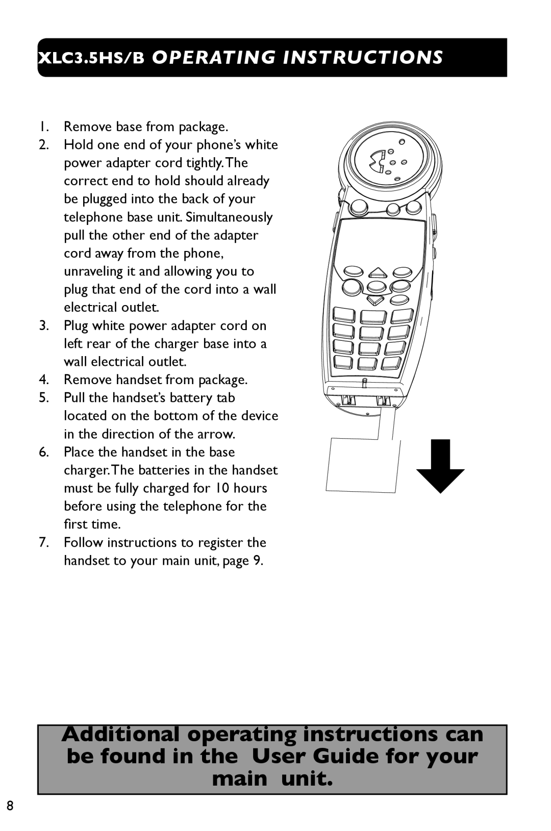 Clarity 3.5HSB manual XLC3.5HS/B Operating Instructions, Remove base from package 