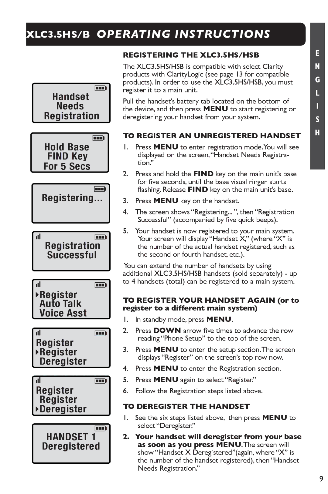 Clarity 3.5HSB manual Register Auto Talk Voice Asst Deregister 