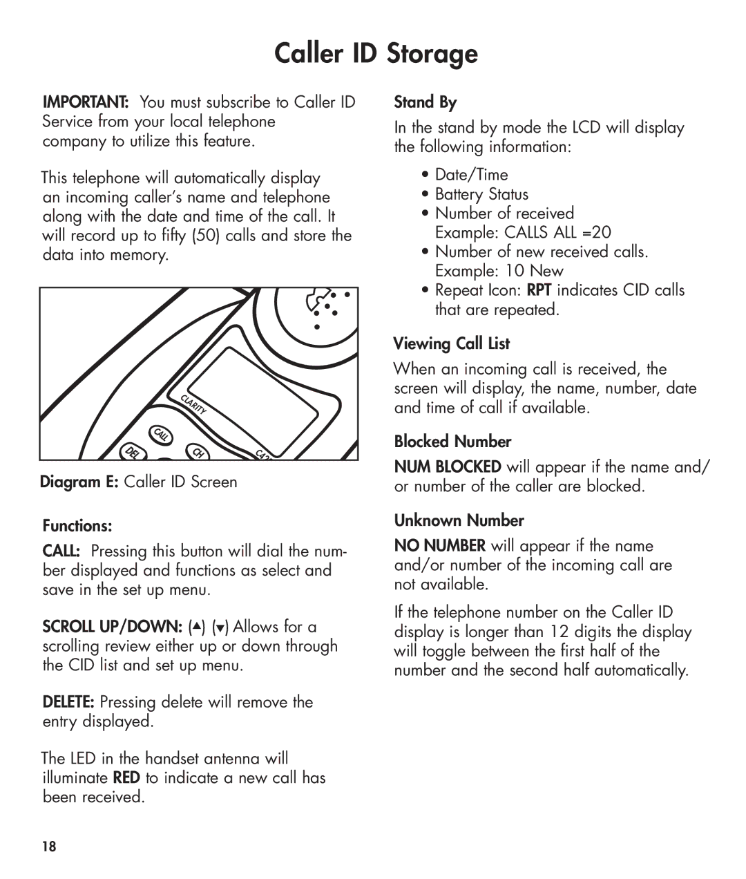 Clarity 420 manual Caller ID Storage 