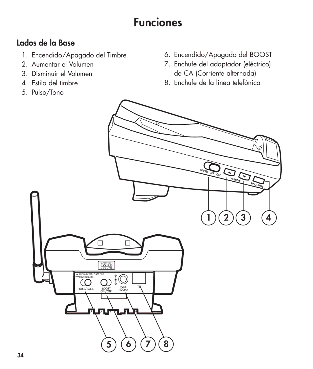 Clarity 420 manual Lados de la Base, Enchufe de la línea telefónica 