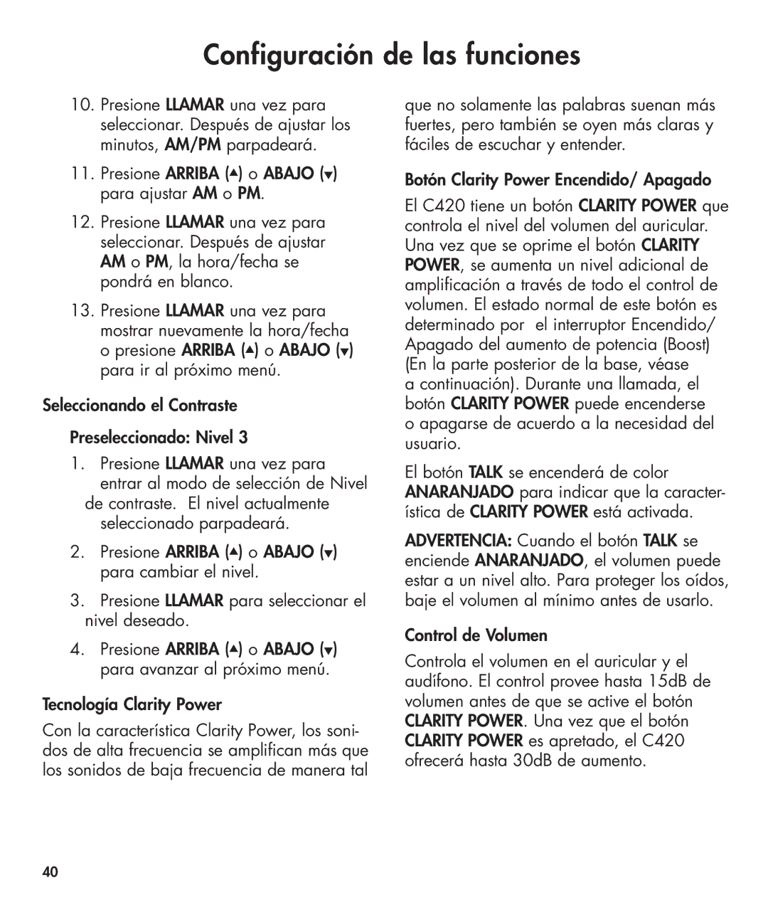 Clarity 420 manual De contraste. El nivel actualmente seleccionado parpadeará 