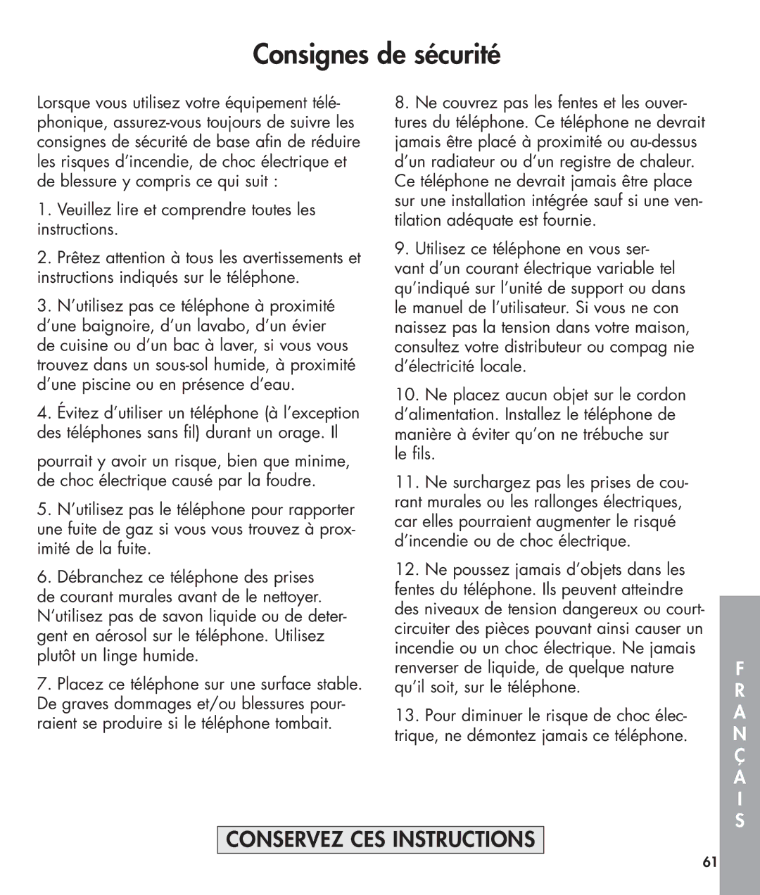 Clarity 420 manual Consignes de sécurité, Veuillez lire et comprendre toutes les instructions 