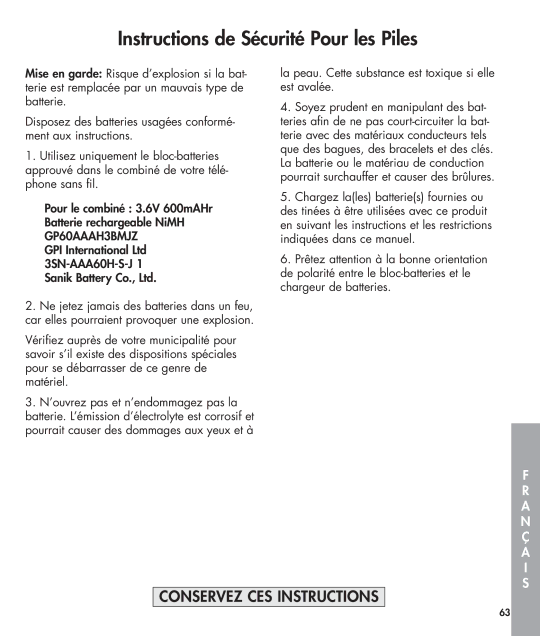 Clarity 420 manual Instructions de Sécurité Pour les Piles, La peau. Cette substance est toxique si elle est avalée 