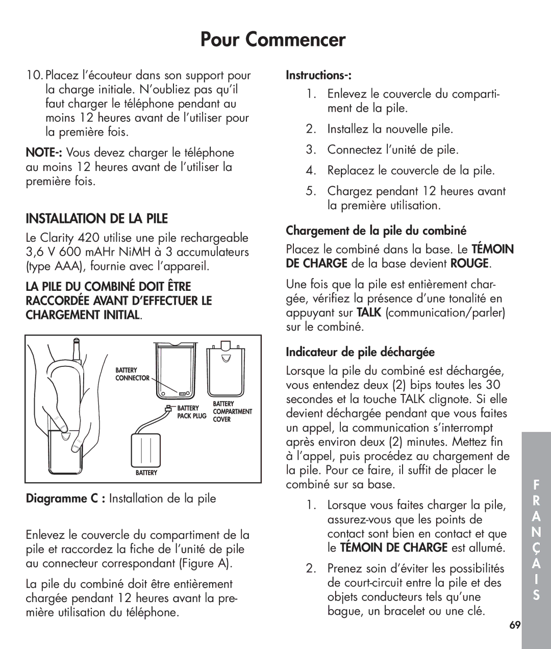 Clarity 420 manual Installation DE LA Pile, Diagramme C Installation de la pile 